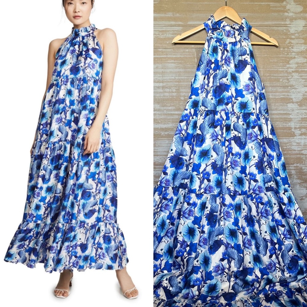 Borgo De Nor Pandora Halter Violet Floral Maxi Dress Silk Event Womens 10